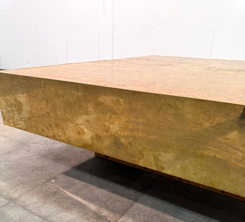 Italian Burl Wood Coffee Table with Brass Frame, 1970s