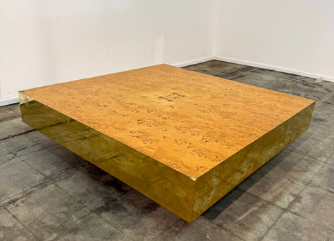 Italian Burl Wood Coffee Table with Brass Frame, 1970s