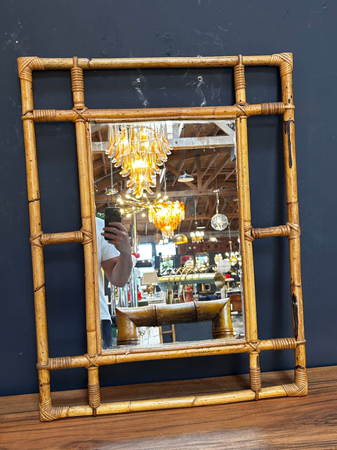 Vintage Italian Square Bamboo Wall Mirror 1980s