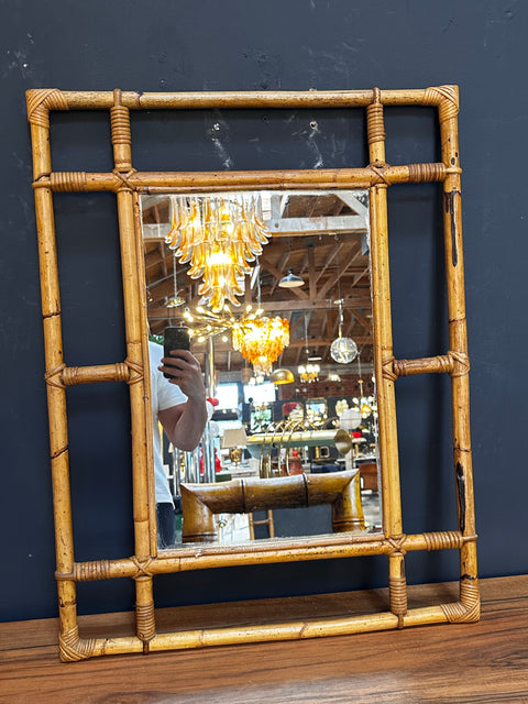 Vintage Italian Square Bamboo Wall Mirror 1980s