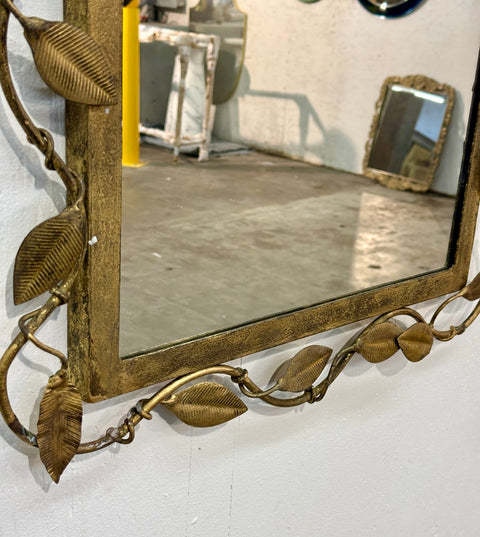 Italian Gilt Metal Vine Mirror with Sculptural Leaf Frame, Mid-Century