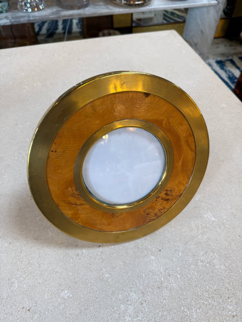 Vintage Round Brass & Burl Wood Picture Frame