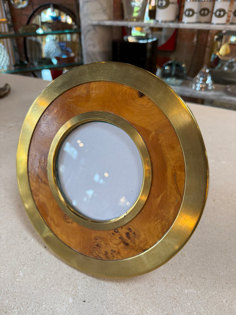 Vintage Round Brass & Burl Wood Picture Frame