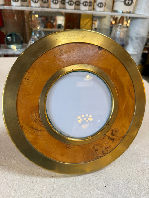 Vintage Round Brass & Burl Wood Picture Frame