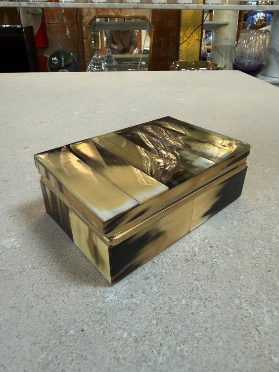Vintage Horn Veneer Jewelry Box with Brass Trim