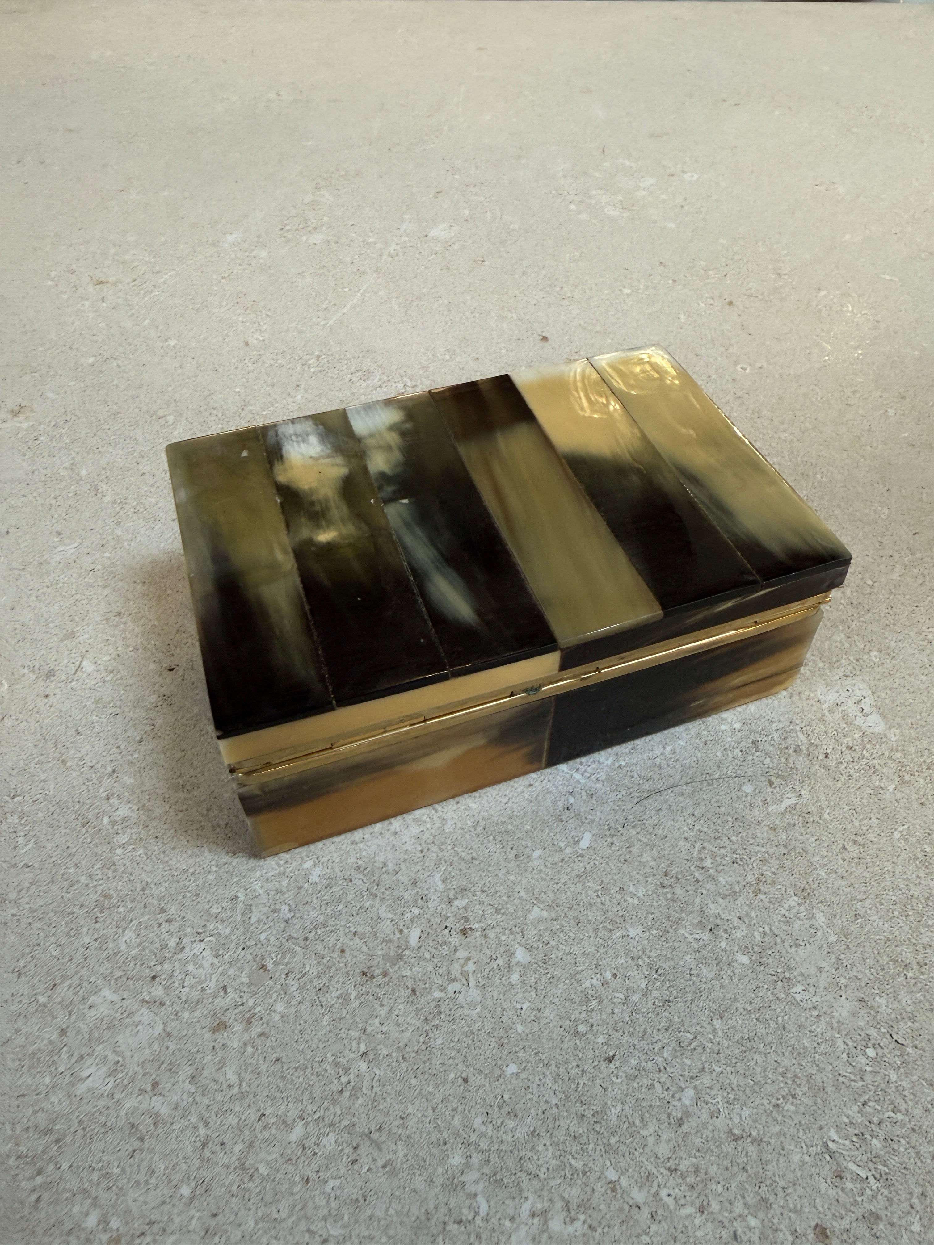 Vintage Horn Veneer Jewelry Box with Brass Trim
