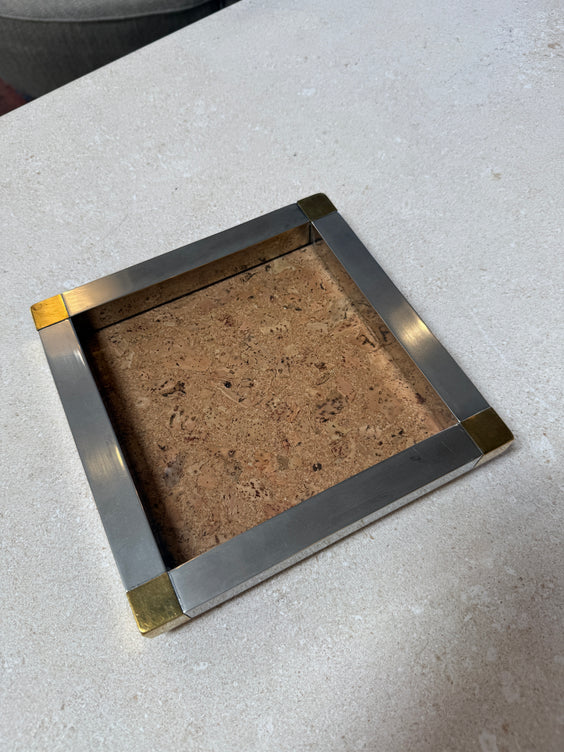 Vintage Cork and Metal Tray with Brass Corner Accents