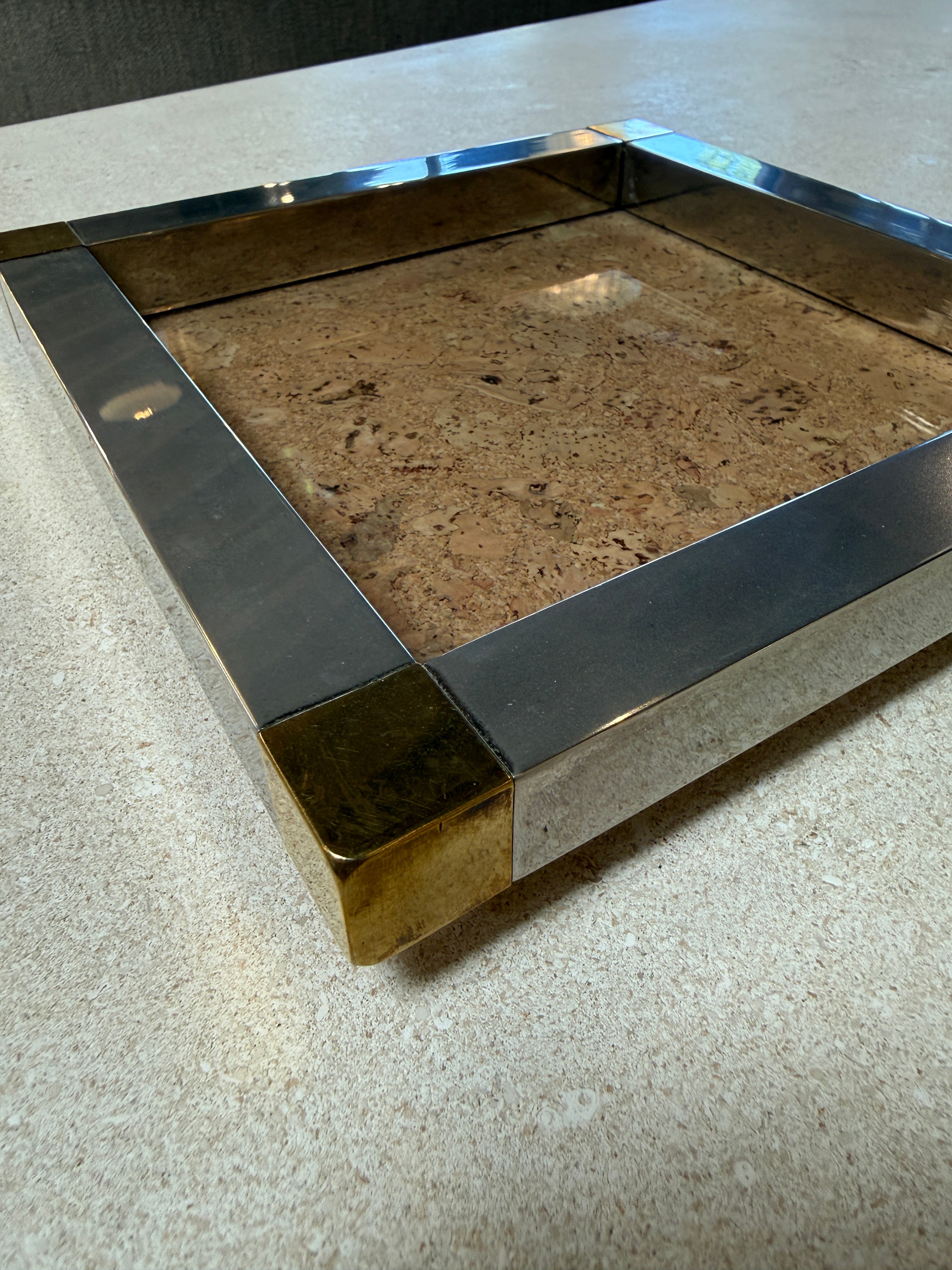Vintage Cork and Metal Tray with Brass Corner Accents