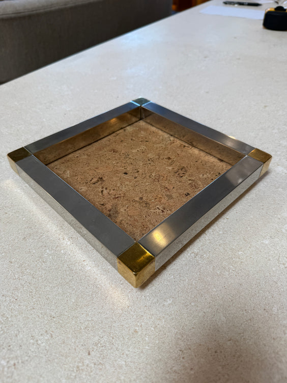 Vintage Cork and Metal Tray with Brass Corner Accents