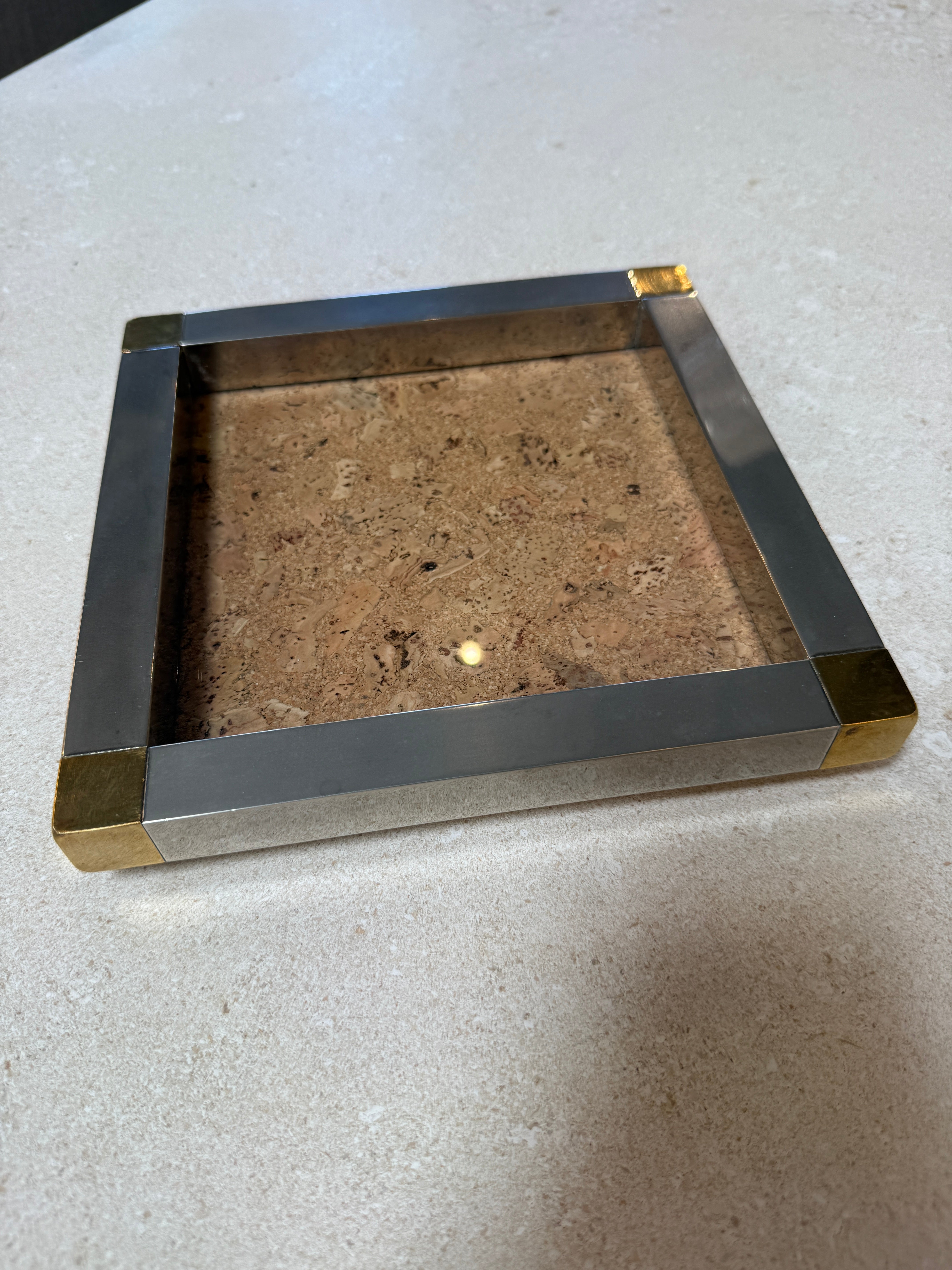 Vintage Cork and Metal Tray with Brass Corner Accents
