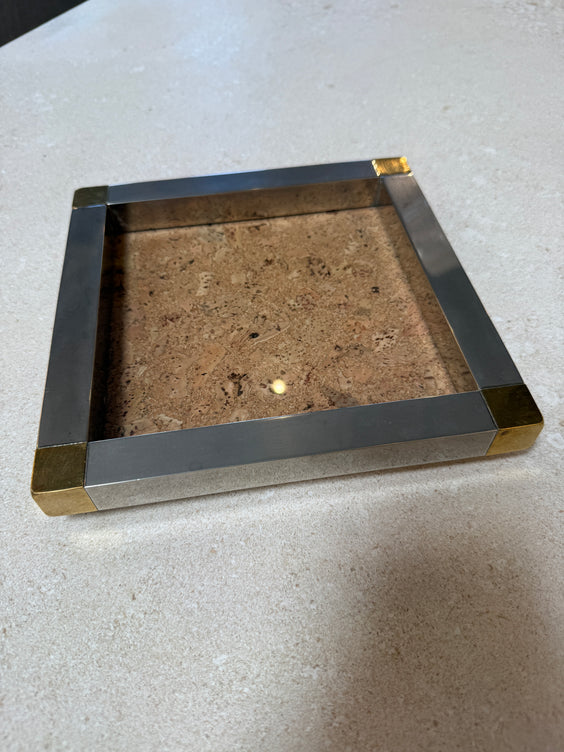 Vintage Cork and Metal Tray with Brass Corner Accents