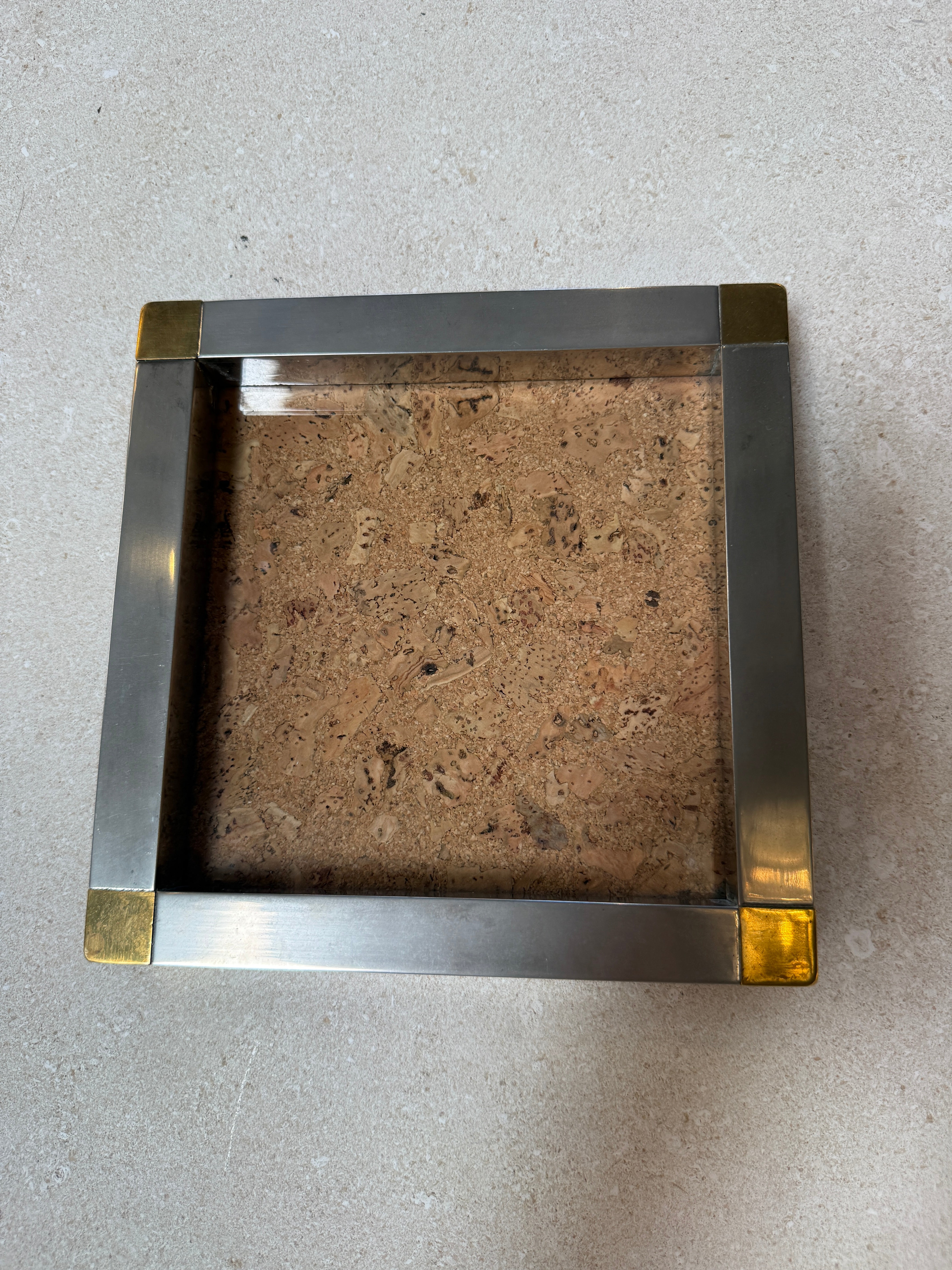 Vintage Cork and Metal Tray with Brass Corner Accents
