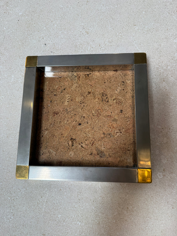 Vintage Cork and Metal Tray with Brass Corner Accents