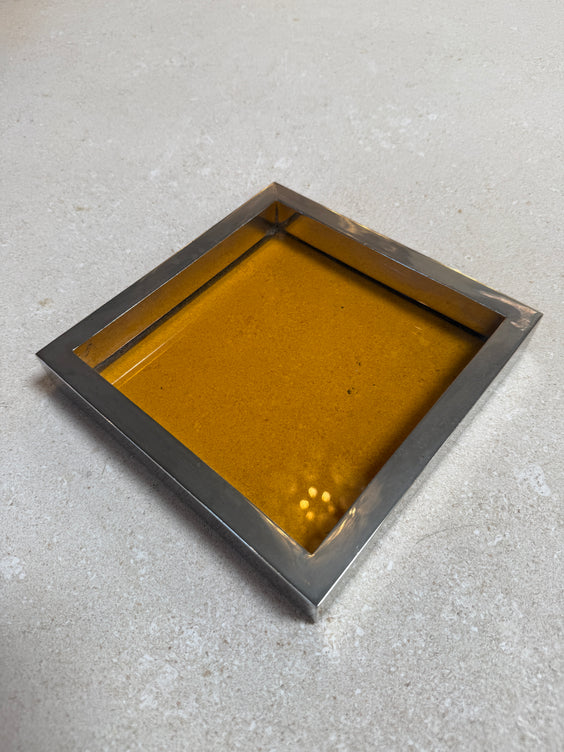 Vintage Amber Glass and Chrome Tray / Catchall Dish