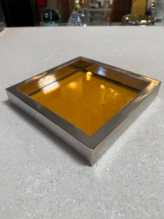 Vintage Amber Glass and Chrome Tray / Catchall Dish