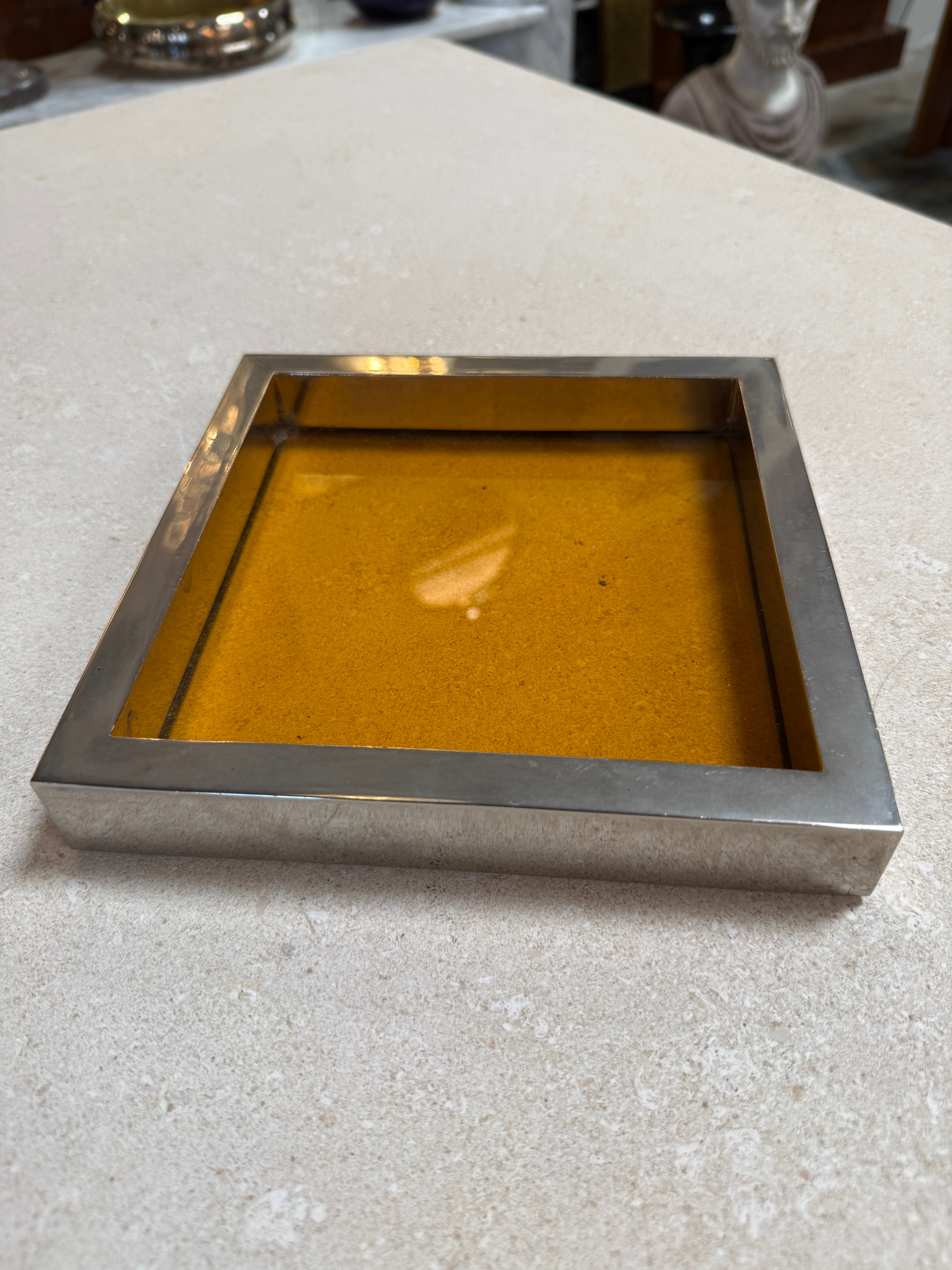 Vintage Amber Glass and Chrome Tray / Catchall Dish