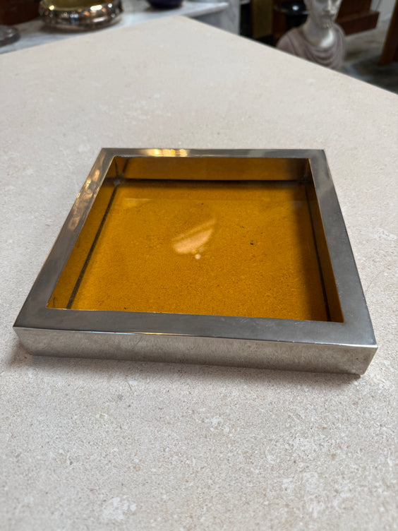 Vintage Amber Glass and Chrome Tray / Catchall Dish