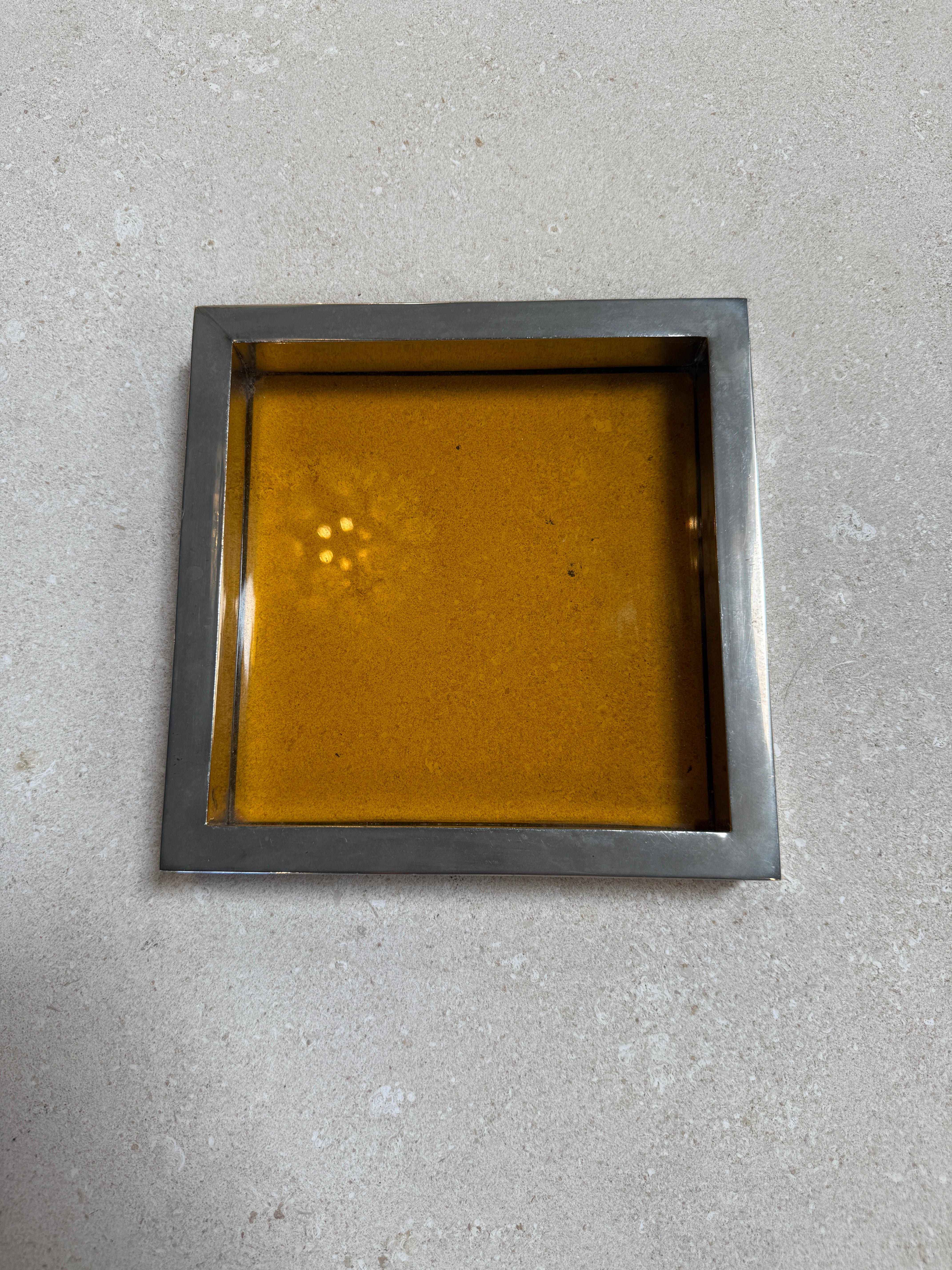 Vintage Amber Glass and Chrome Tray / Catchall Dish