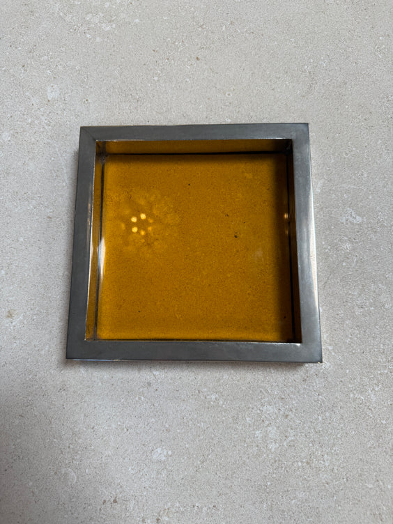 Vintage Amber Glass and Chrome Tray / Catchall Dish