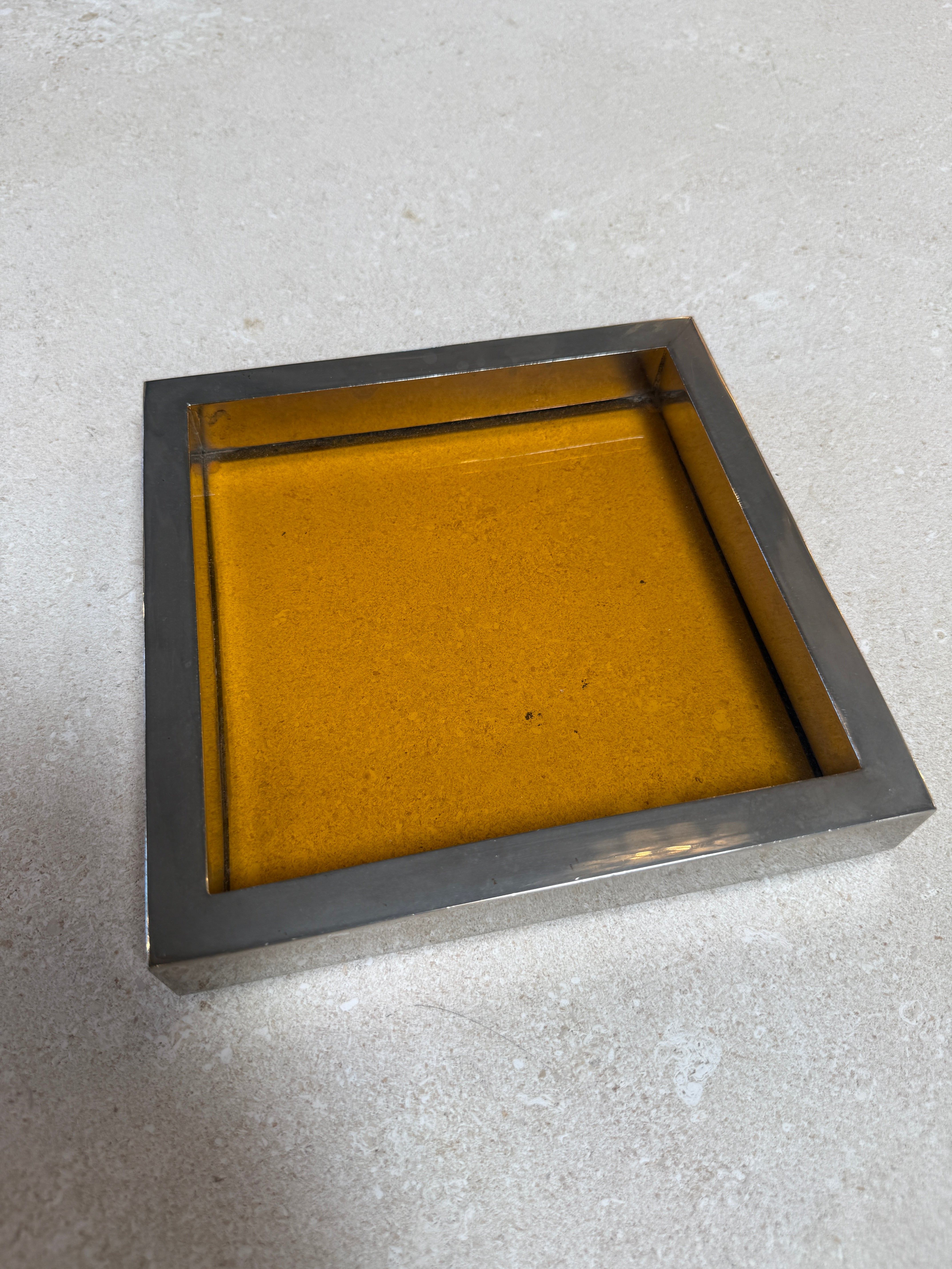 Vintage Amber Glass and Chrome Tray / Catchall Dish