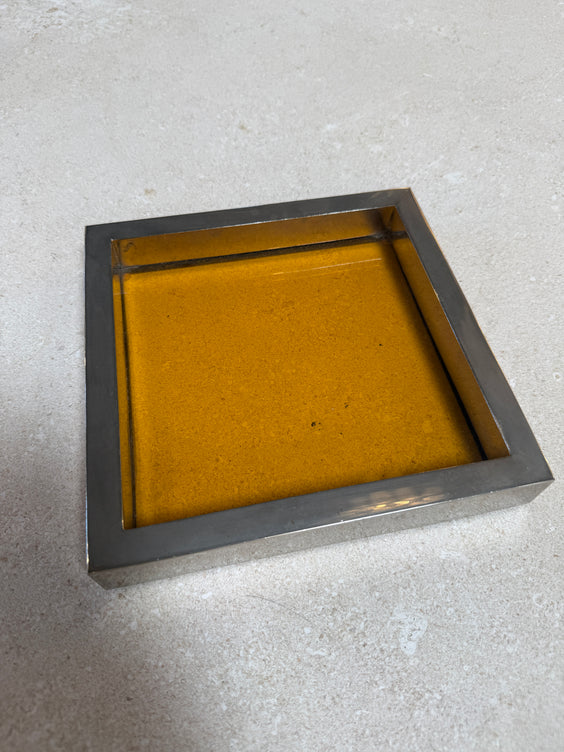 Vintage Amber Glass and Chrome Tray / Catchall Dish