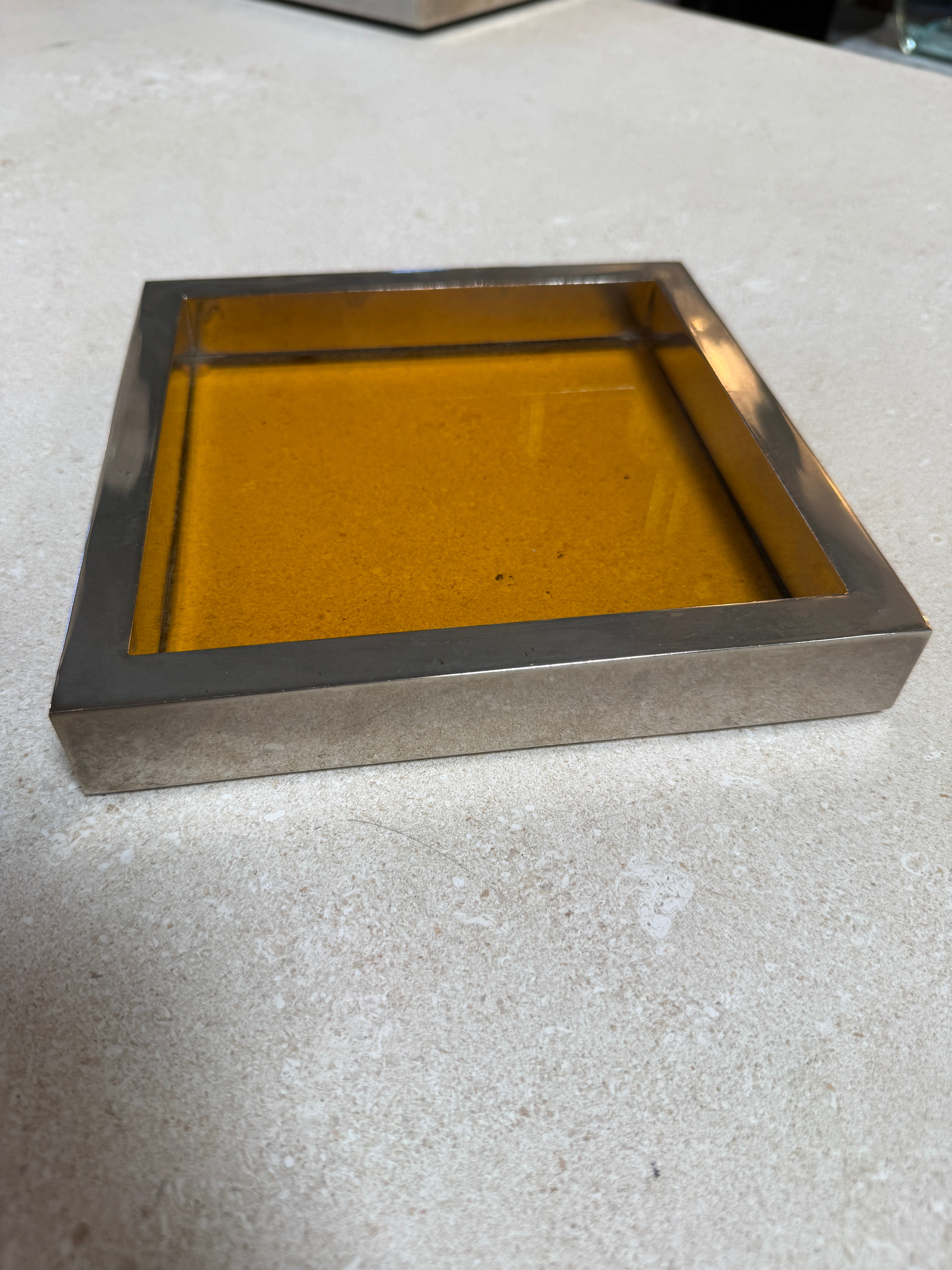 Vintage Amber Glass and Chrome Tray / Catchall Dish