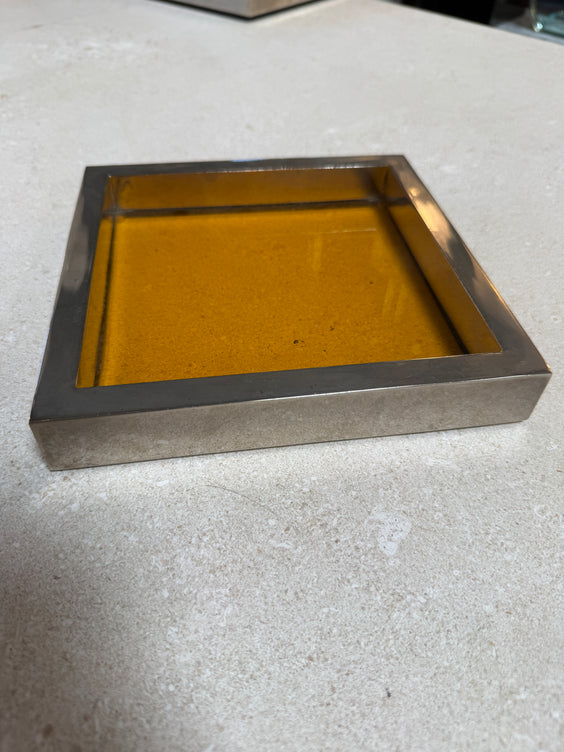 Vintage Amber Glass and Chrome Tray / Catchall Dish