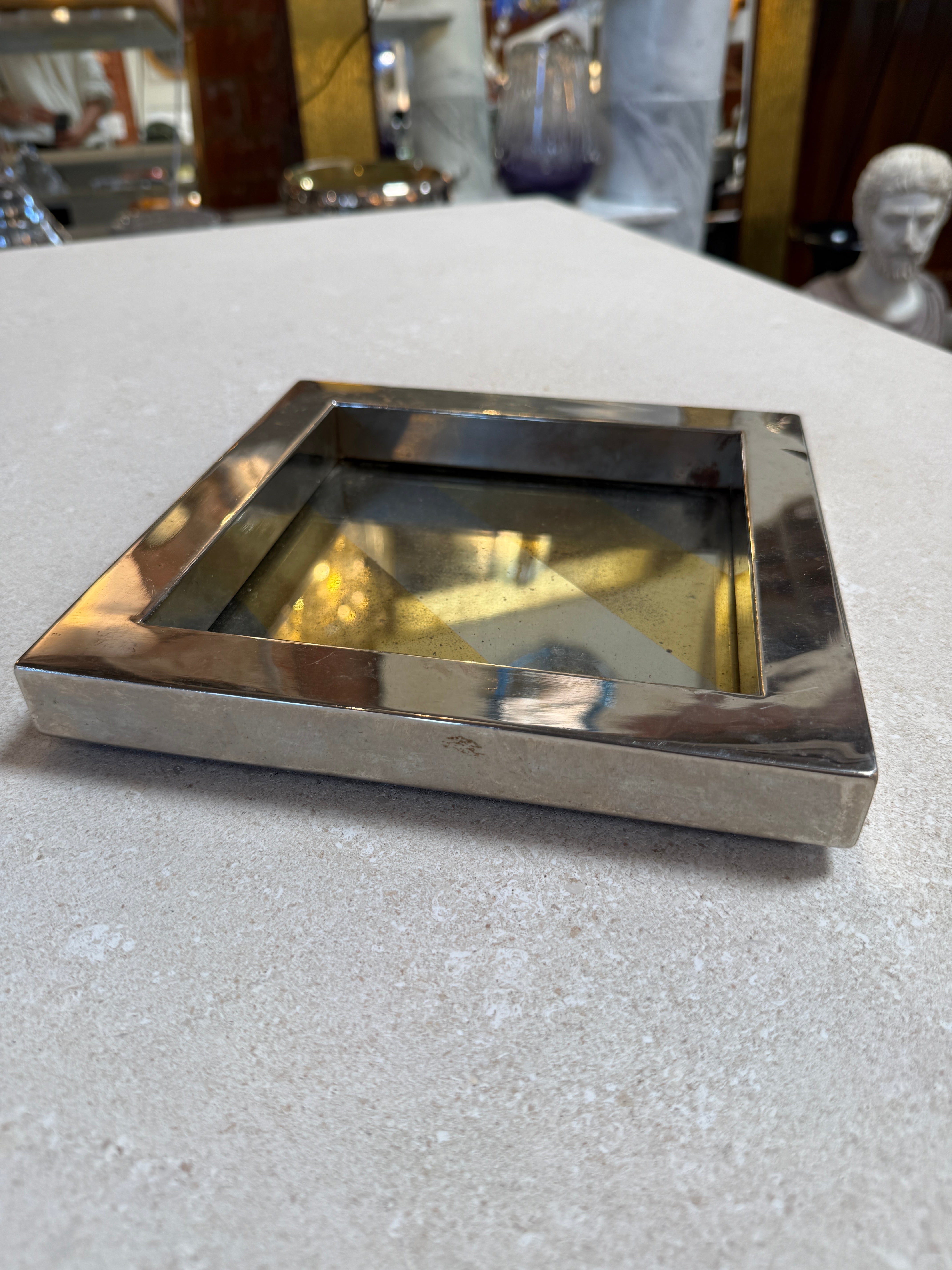 Vintage Chrome Catchall Tray With Stripe Detail