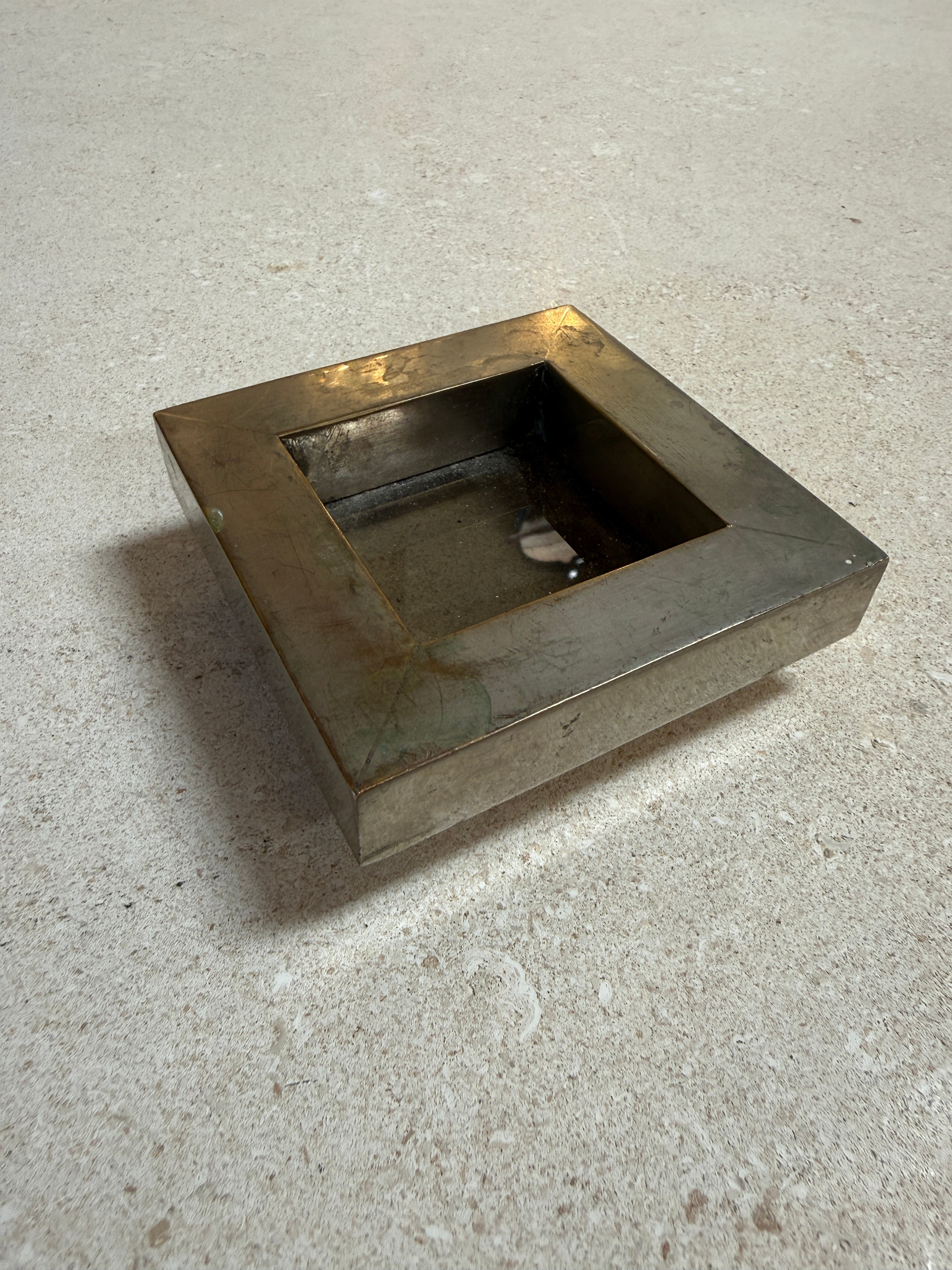 Vintage Brushed Metal Square Catchall Tray with Patina