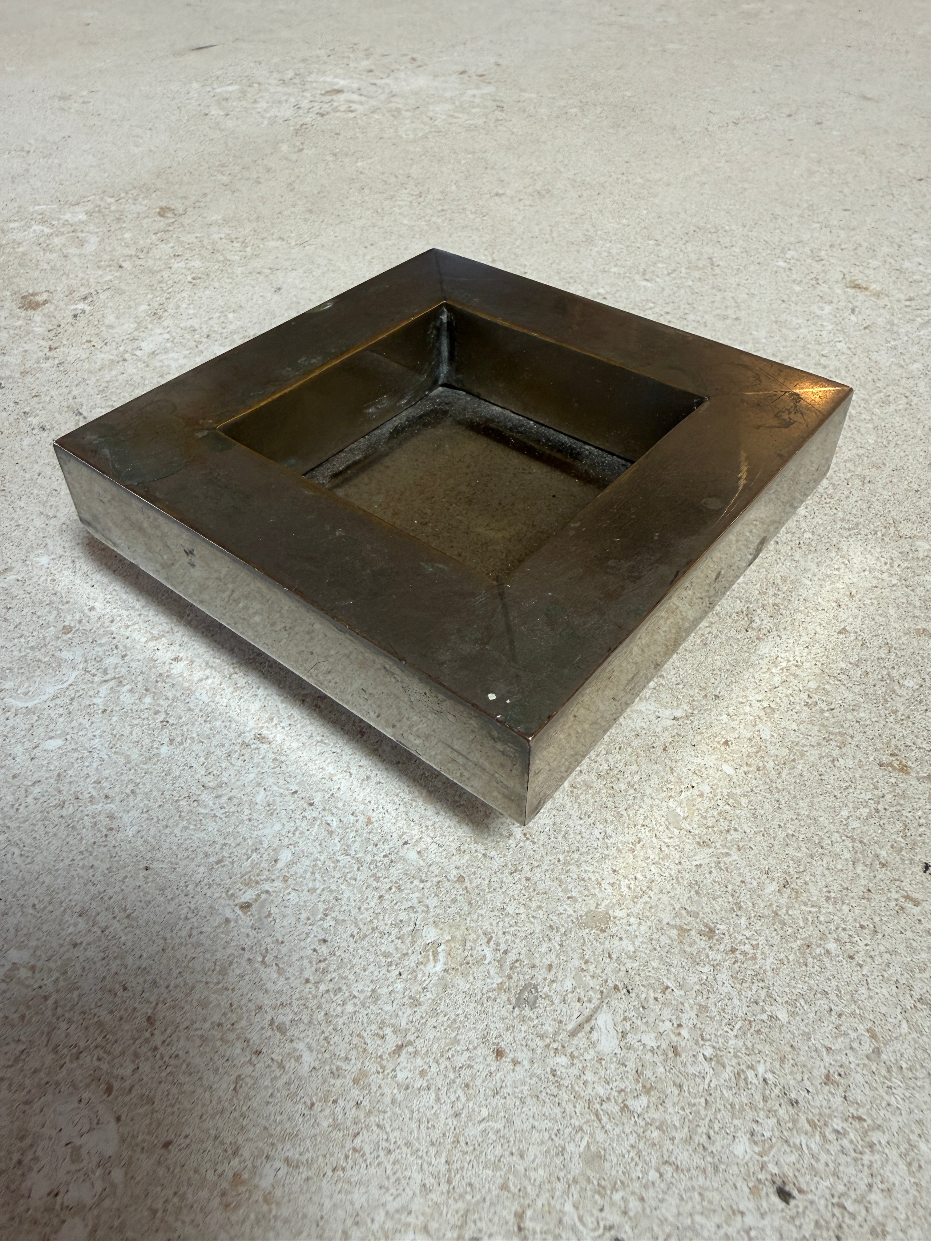Vintage Brushed Metal Square Catchall Tray with Patina