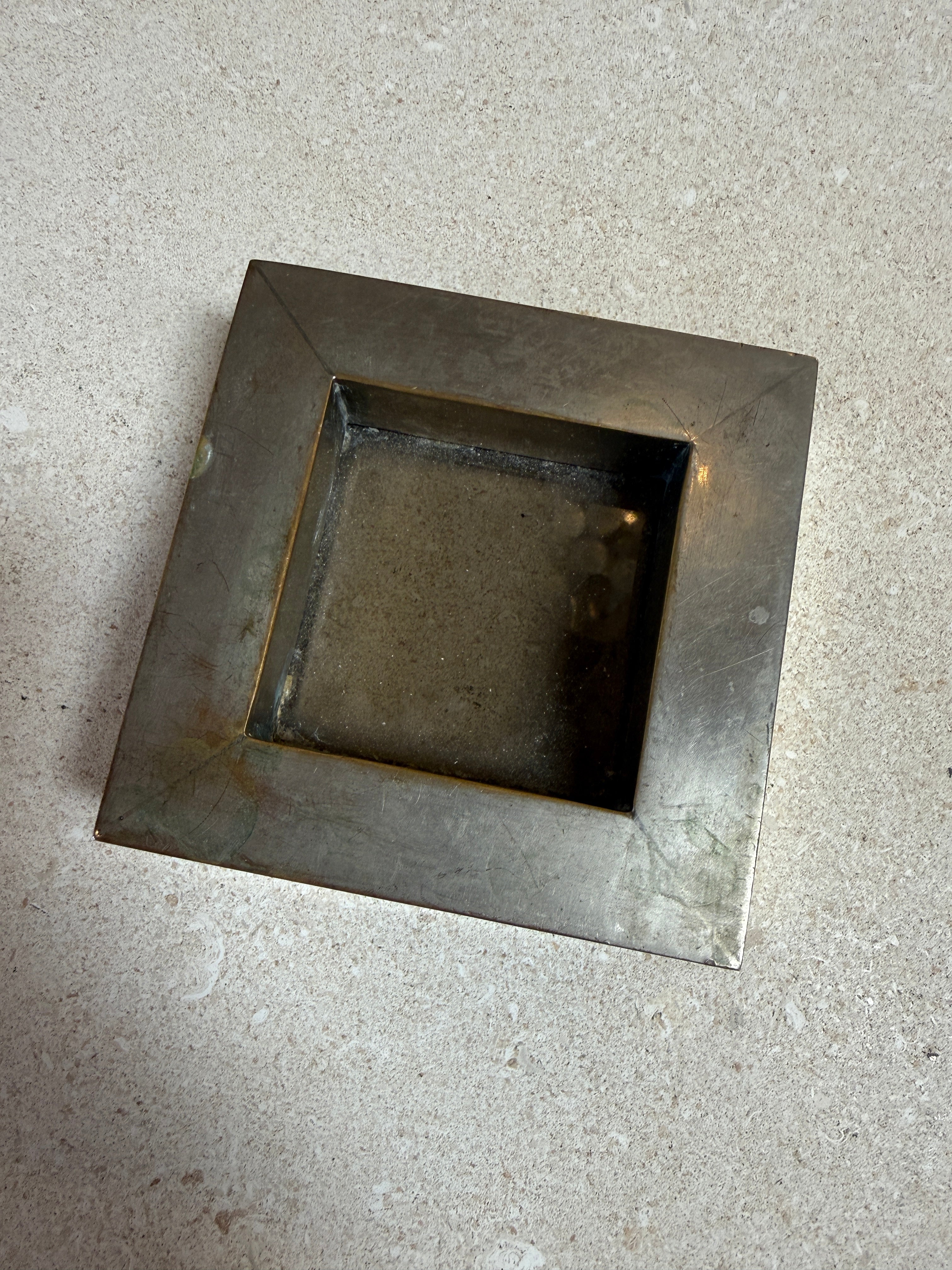 Vintage Brushed Metal Square Catchall Tray with Patina