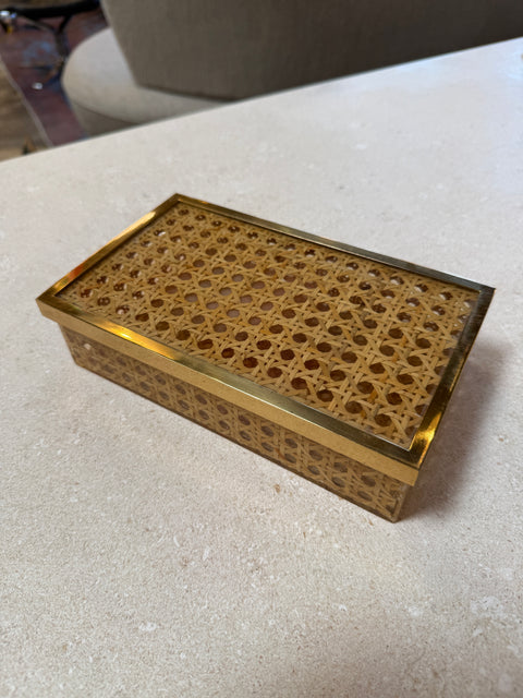 Vintage Lucite & Woven Rattan Storage Box with Brass Trim