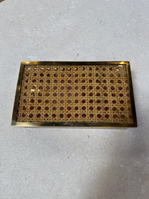 Vintage Lucite & Woven Rattan Storage Box with Brass Trim