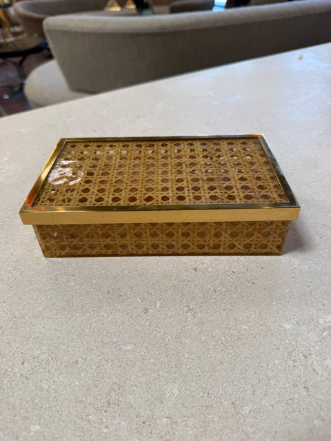 Vintage Lucite & Woven Rattan Storage Box with Brass Trim