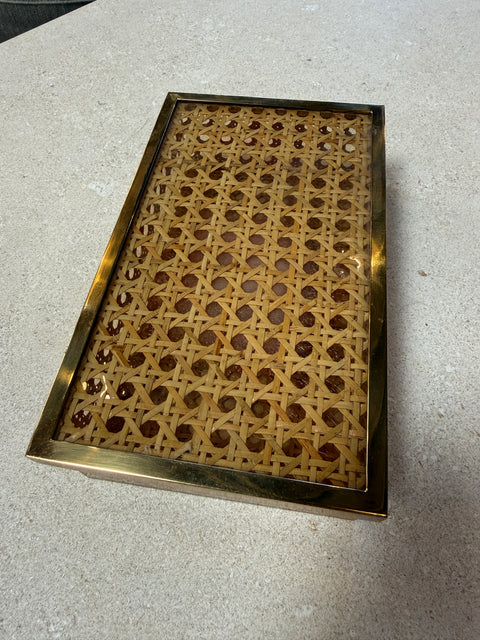 Vintage Lucite & Woven Rattan Storage Box with Brass Trim