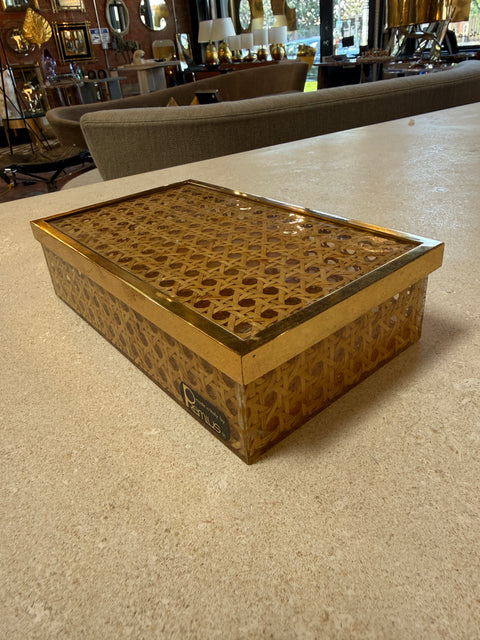 Vintage Lucite & Woven Rattan Storage Box with Brass Trim