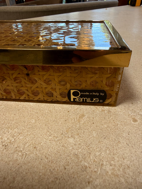 Vintage Lucite & Woven Rattan Storage Box with Brass Trim