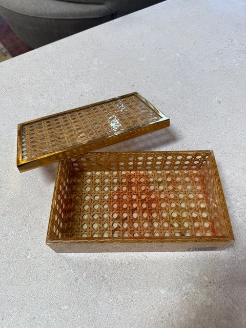 Vintage Lucite & Woven Rattan Storage Box with Brass Trim