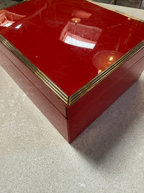 Vintage Red Lacquer Box with Brass Trim