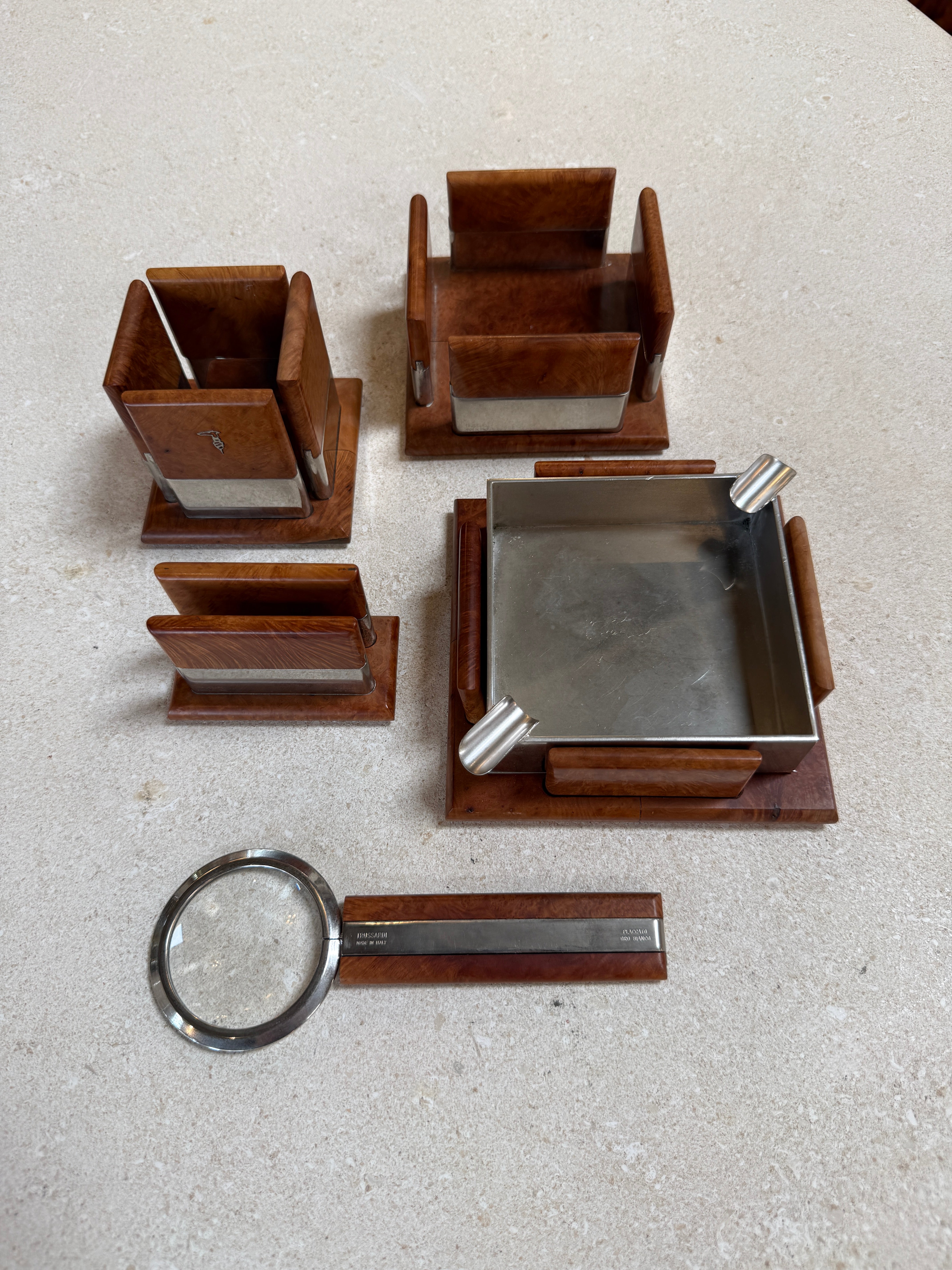 Vintage Trussardi Wood & Metal Desk Accessories Set