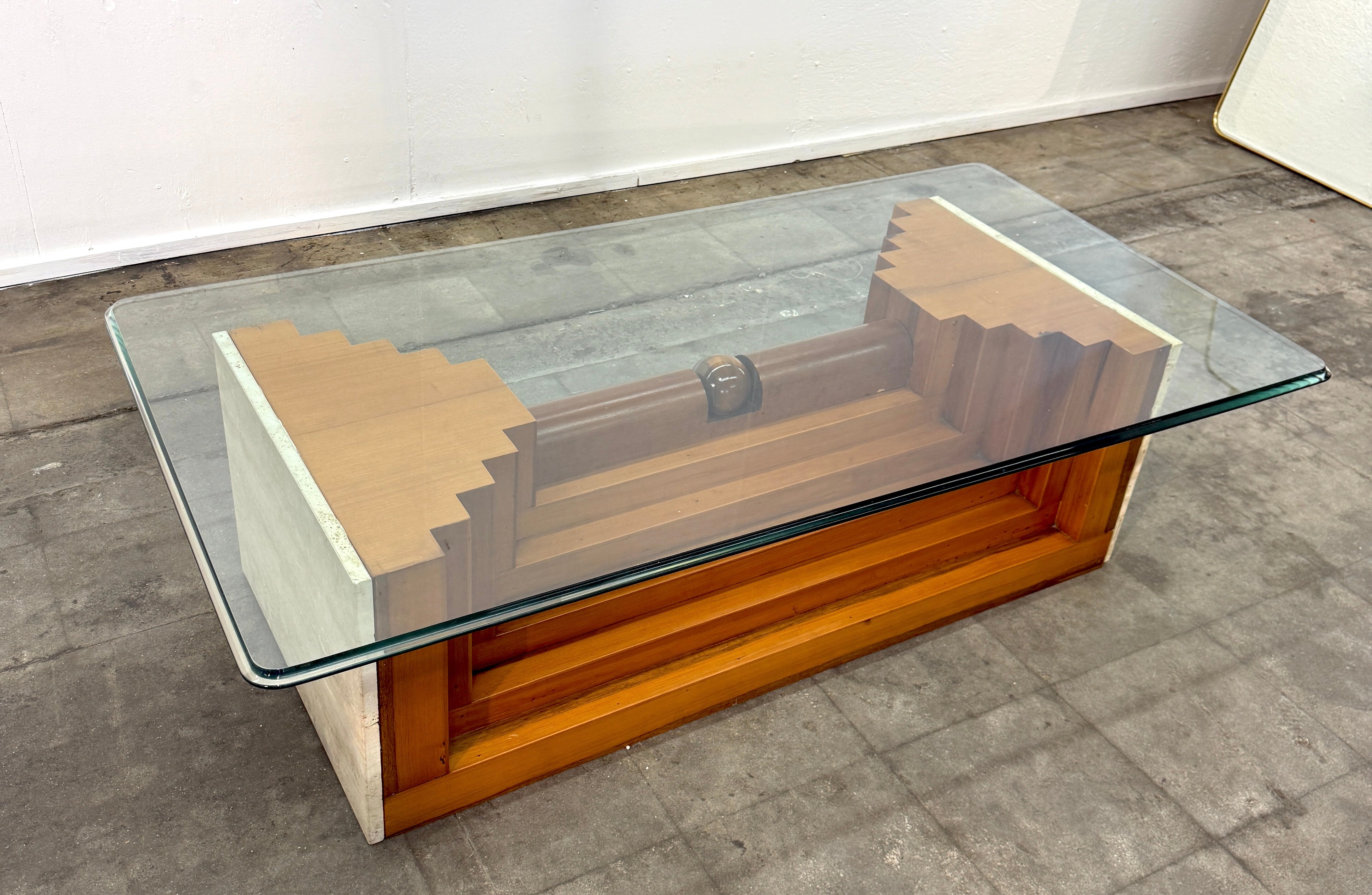 Italian Modernist Wood and Glass Coffee Table with Sculptural Base, 1970s by Giuseppe Rivadossi