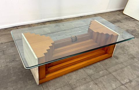 Italian Modernist Wood and Glass Coffee Table with Sculptural Base, 1970s by Giuseppe Rivadossi
