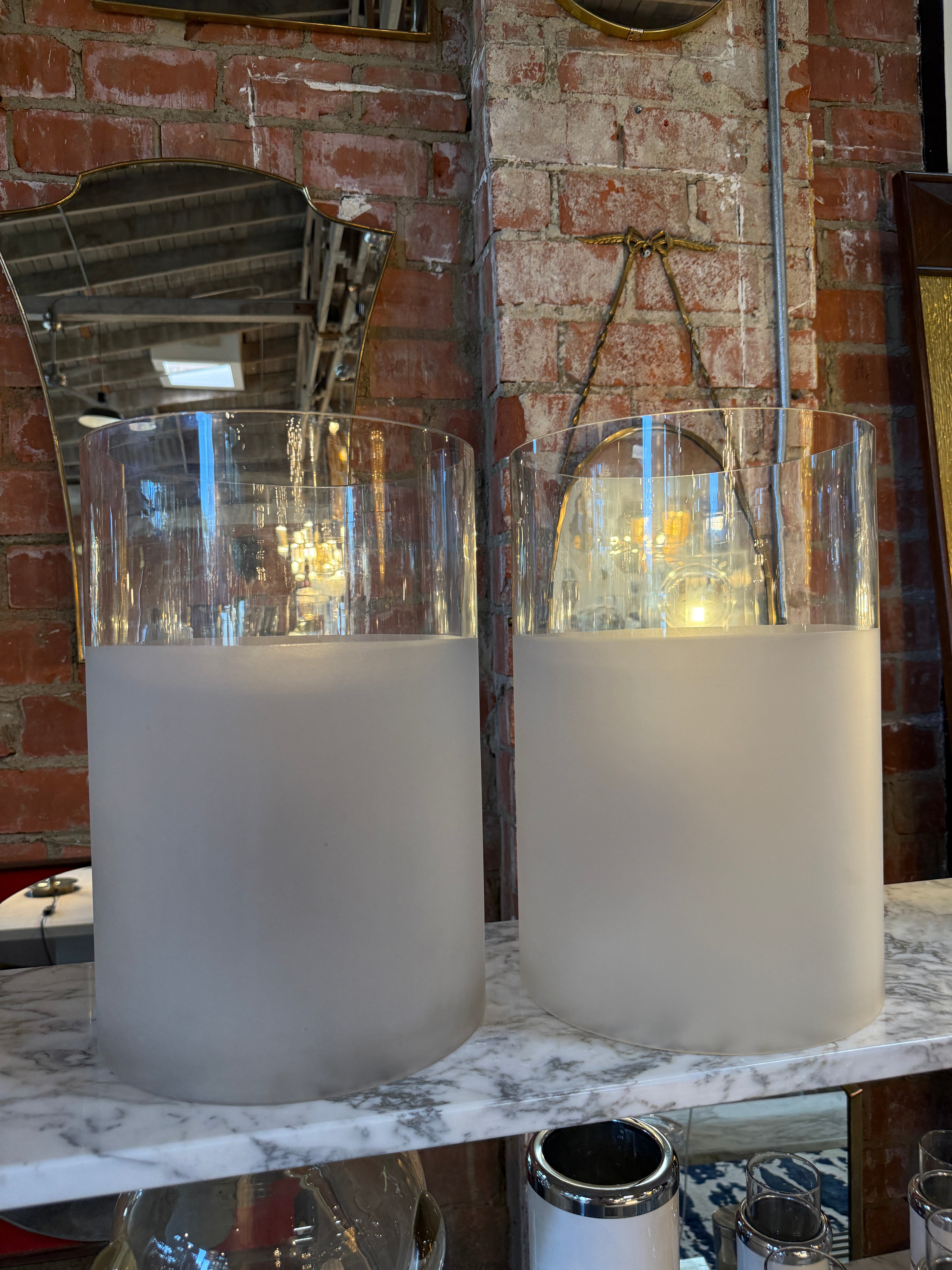 Pair of Frosted Glass Cylinder Table Lamps