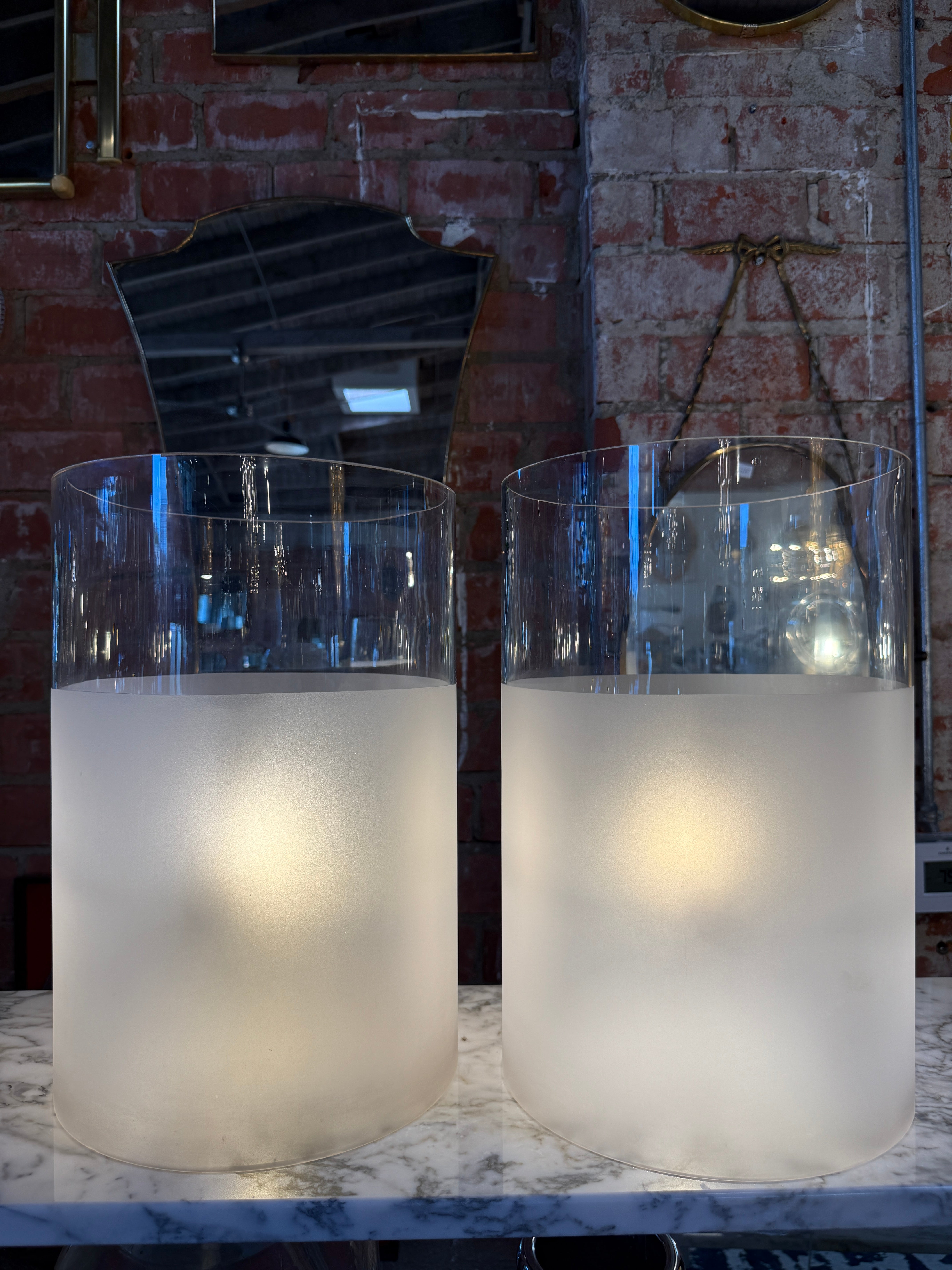 Pair of Frosted Glass Cylinder Table Lamps