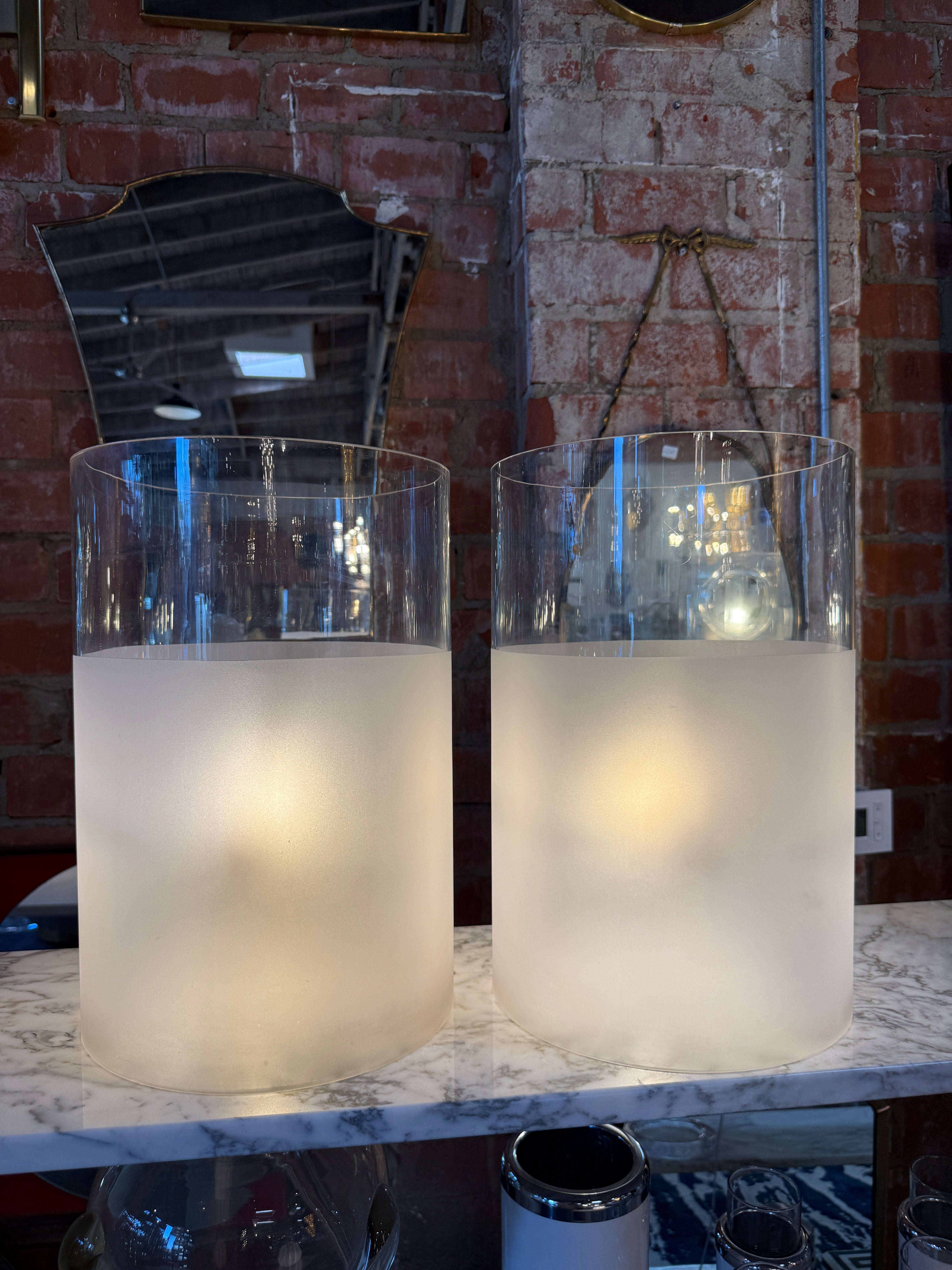 Pair of Frosted Glass Cylinder Table Lamps