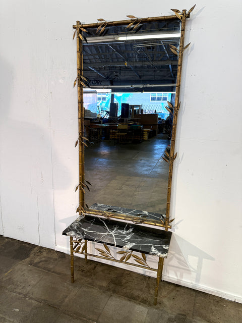 Italian Gilt Bamboo Mirror with Black Marble Console and Leaf Motif, Mid-Century Design