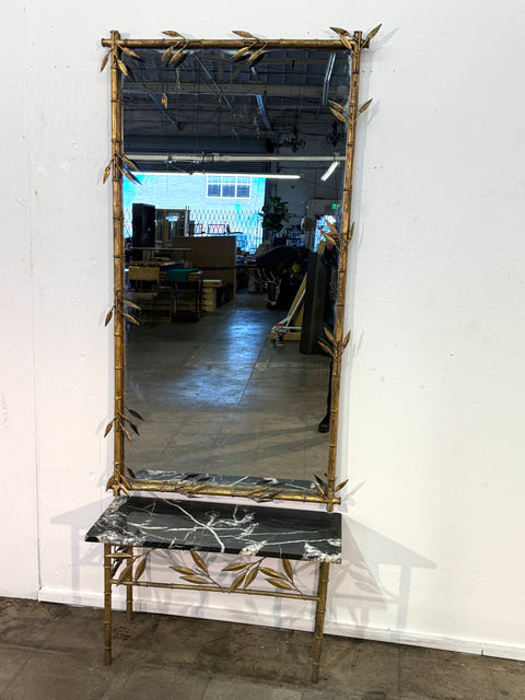Italian Gilt Bamboo Mirror with Black Marble Console and Leaf Motif, Mid-Century Design