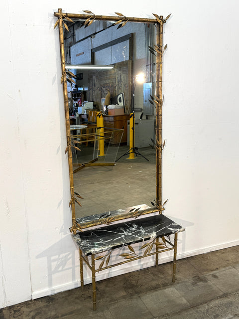 Italian Gilt Bamboo Mirror with Black Marble Console and Leaf Motif, Mid-Century Design