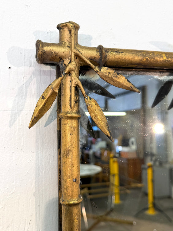 Italian Gilt Bamboo Mirror with Black Marble Console and Leaf Motif, Mid-Century Design
