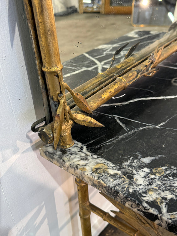 Italian Gilt Bamboo Mirror with Black Marble Console and Leaf Motif, Mid-Century Design